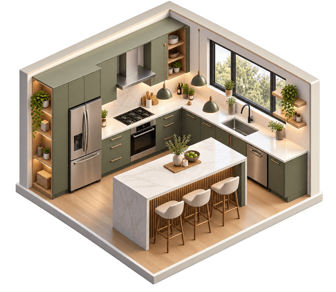 Renovated kitchen with full-height cabinetry and a stone island benchtop